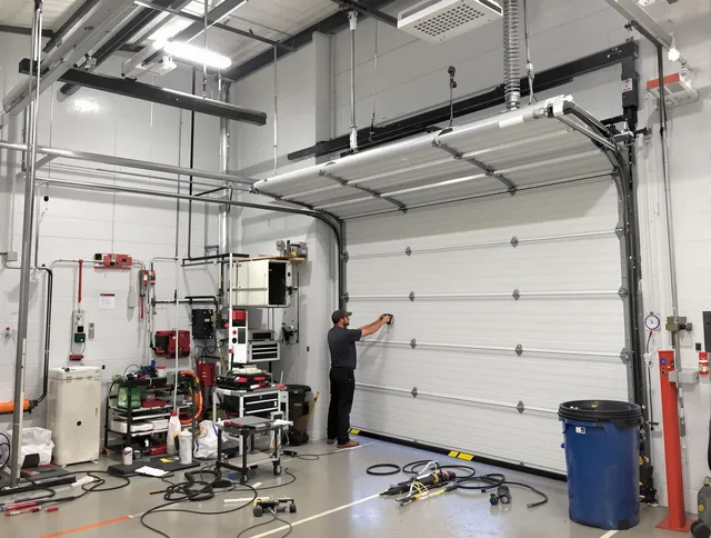 Eastvale Garage Door Repair certified technician performing commercial door repair at a Eastvale business facility