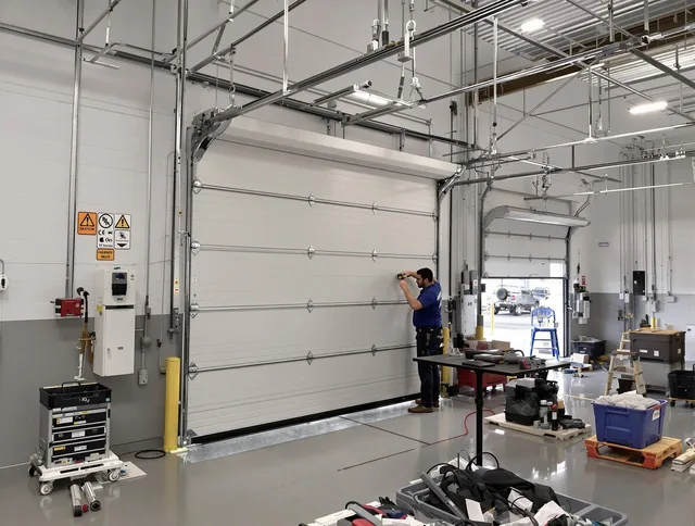 Commercial garage door repair being performed by Eastvale Garage Door Repair expert in Eastvale