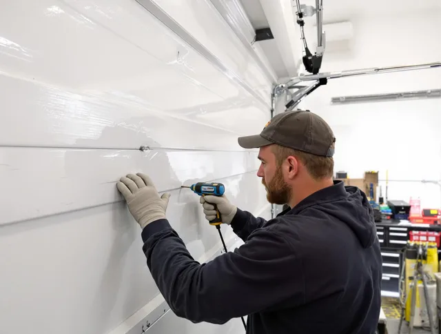 Eastvale Garage Door Repair technician demonstrating precision dent removal techniques on a Eastvale garage door