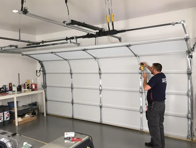 Eastvale Garage Door Repair certified technician performing overhead door system repair in Eastvale