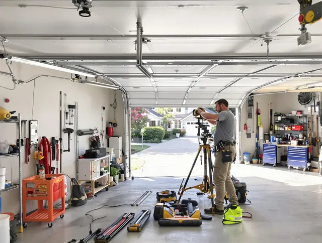 Eastvale Garage Door Repair specialist performing laser-guided track alignment in Eastvale